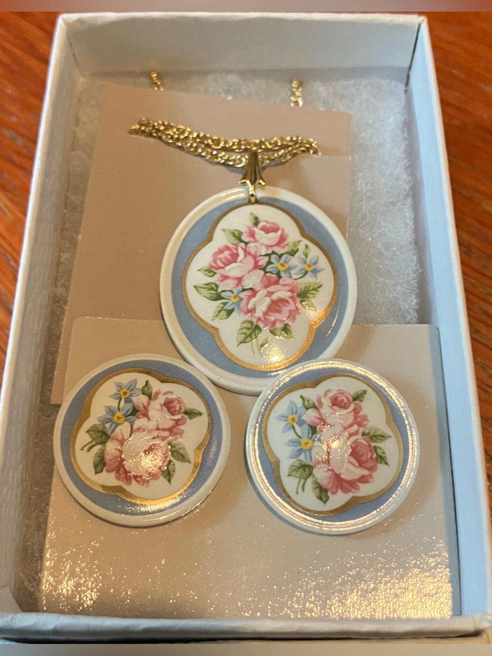 NEW Vintage Porcelain Jewelry Set 24” Necklace & Stud Earrings Rose Romantic